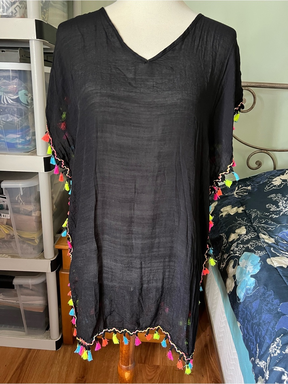 Women’s XS Sheer Black Kaftan Cover Up V-Neck Tunic with Multicolor Tassel Trim